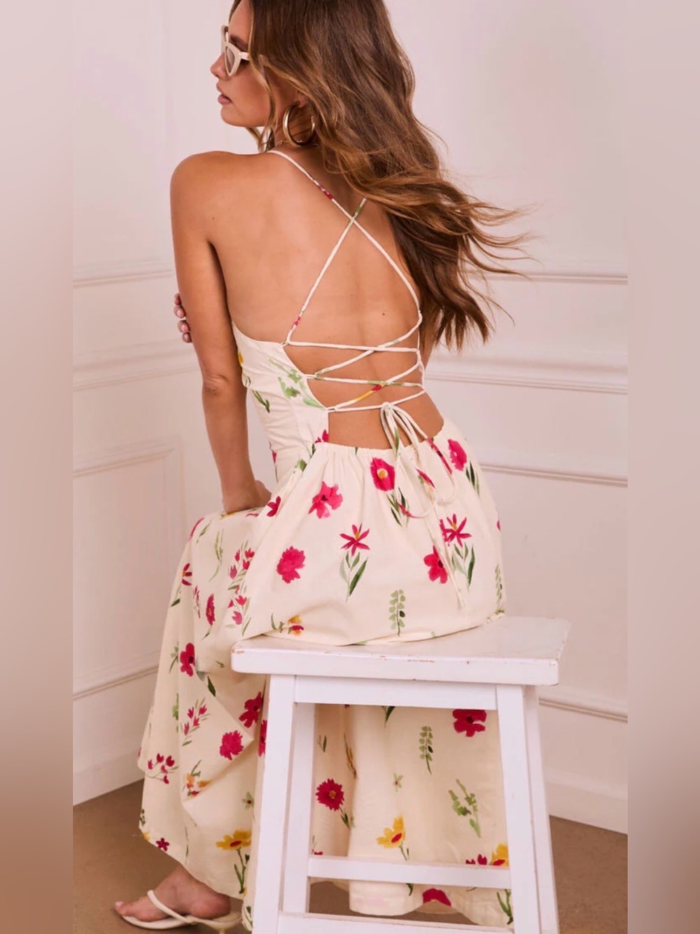 Floral Spaghetti-Strap Maxi Dress in Cream and Pink - Picture 4 of 6